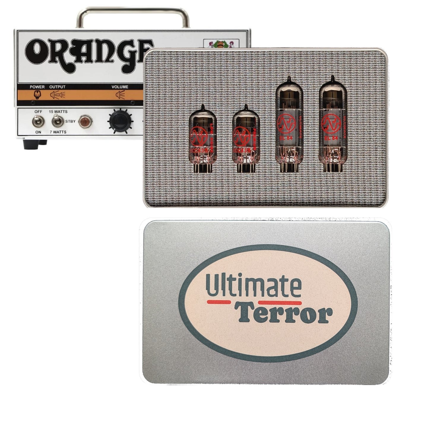Kit de retubages Tiny terror Orange. EL84 JJ appairées. Boite métal