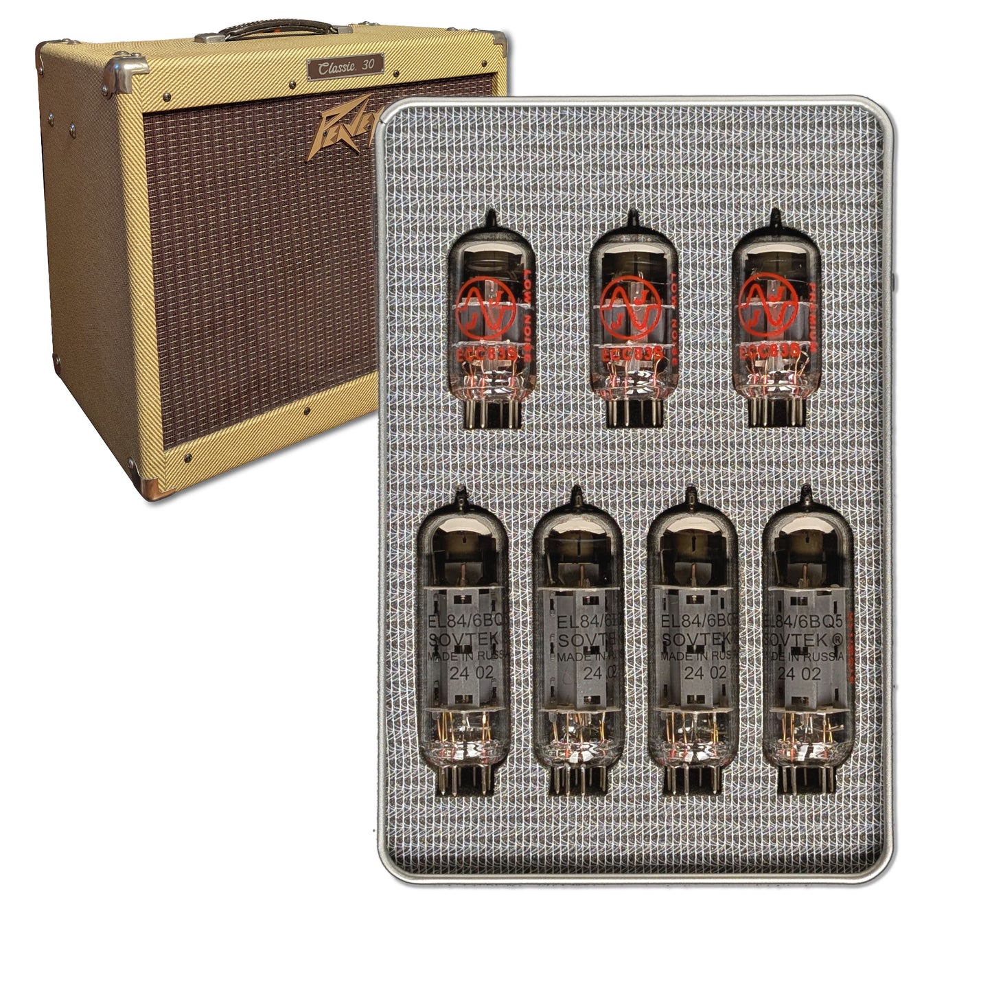 el84 Sovtek appairées et 12ax7 JJ pour le retubage du Classic 30 Peavey. Vue de face.
