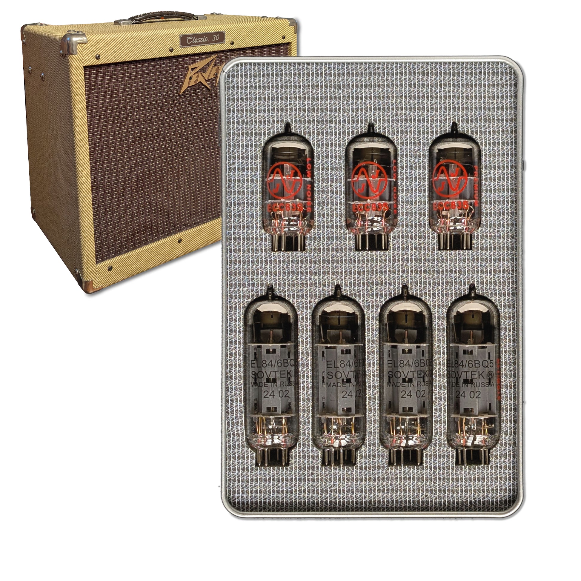 el84 Sovtek appairées et 12ax7 JJ pour le retubage du Classic 30 Peavey. Vue de face.
