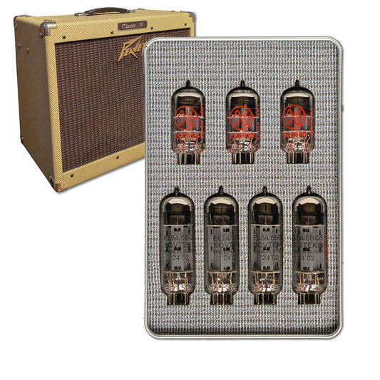 el84 Sovtek appairées et 12ax7 JJ pour le retubage du Classic 30 Peavey. Vue de face.
