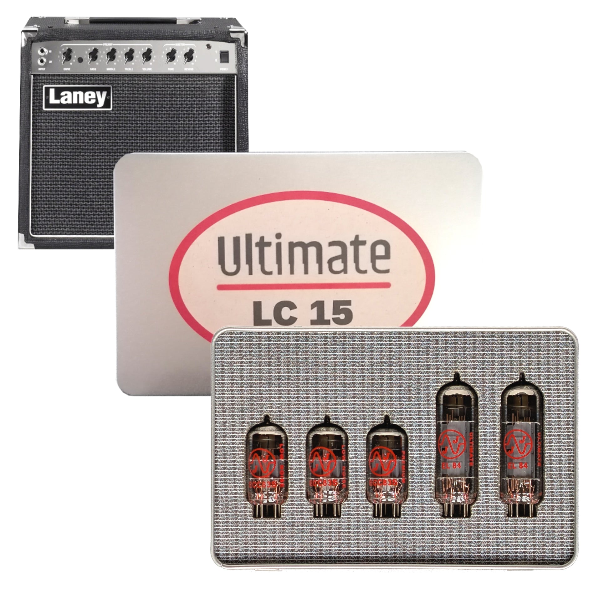 Vue de face du kit de retubage du LC15 Laney. Option JJ, boite métal.